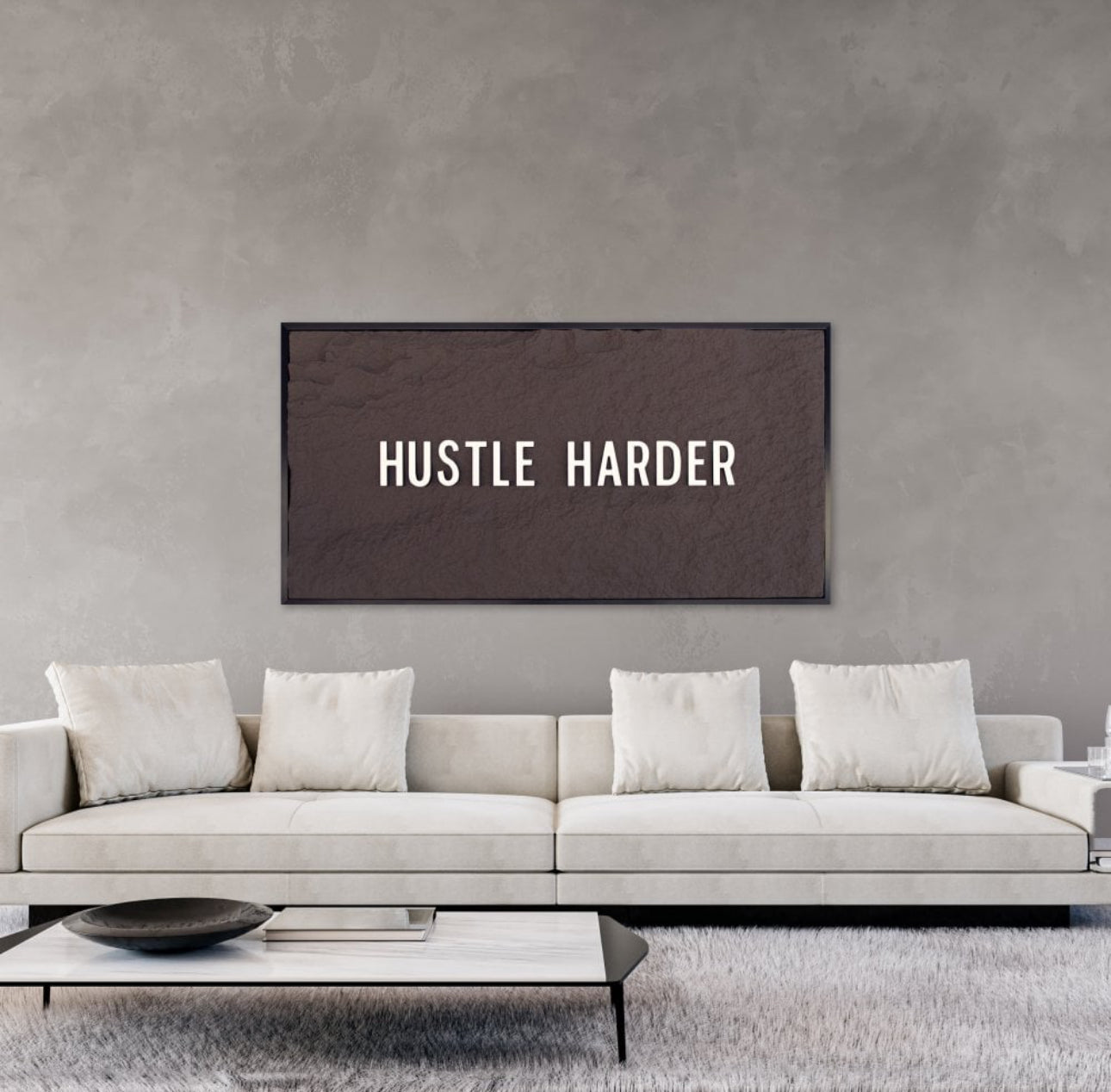 HUSTLE HARDER - WHITE 3D TEXT ON ESPRESSO