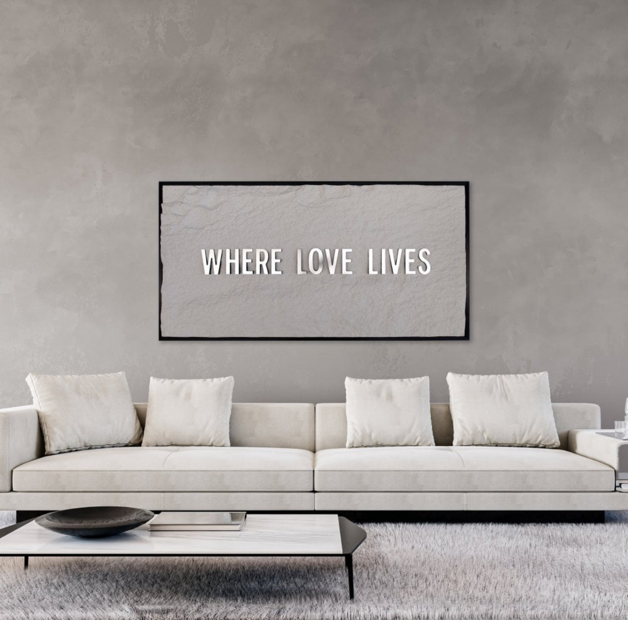 WHERE LOVE LIVES - SILVER 3D TEXT ON ALABASTER