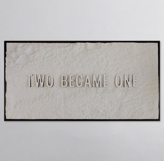 TWO BECAME ONE - WHITE 3D TEXT ON ALABASTER