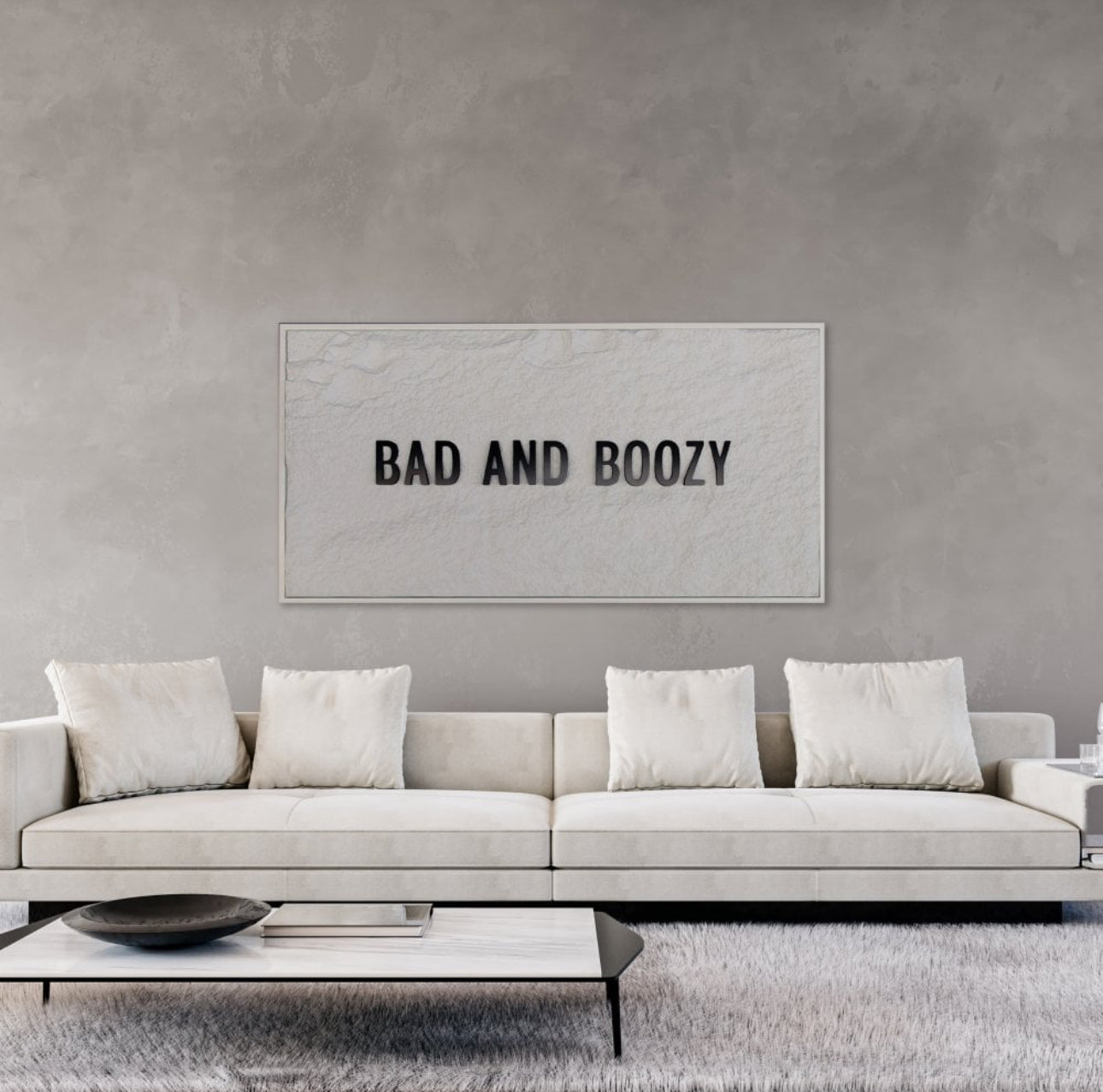 BAD & BOOZY - BLACK 3D TEXT ON ALABASTER