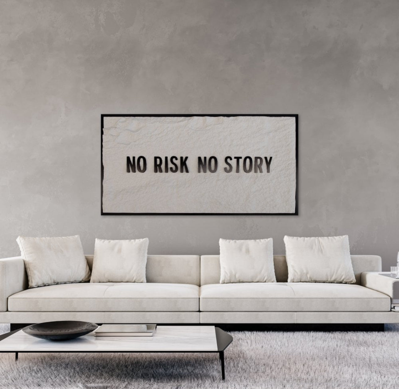 NO RISK NO STORY - BLACK 3D TEXT ON ALABASTER