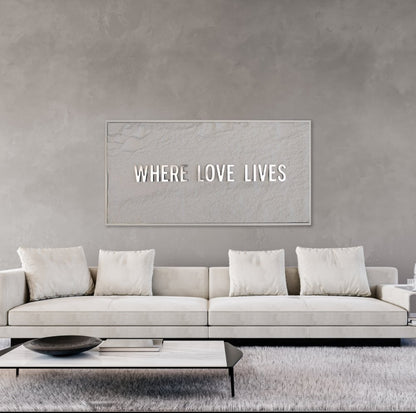 WHERE LOVE LIVES - SILVER 3D TEXT ON ALABASTER