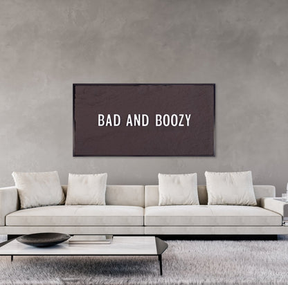 BAD & BOOZY - WHITE 3D TEXT ON ESPRESSO