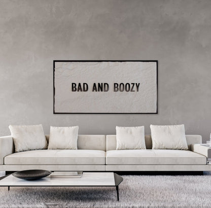 BAD & BOOZY - BLACK 3D TEXT ON ALABASTER