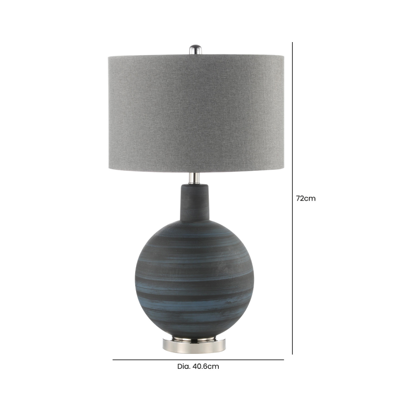 72cm Blue and Black Stripe Glass with Grey Linen Shade Table Lamp