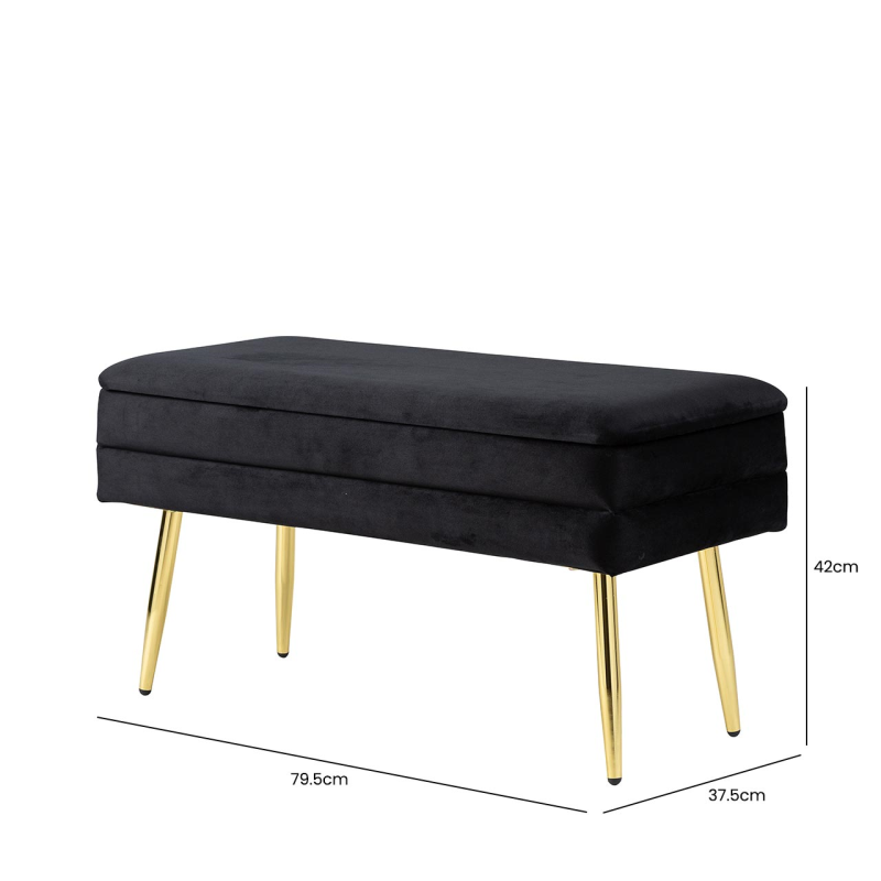 Storage Bench Black Velvet with Gold Legs