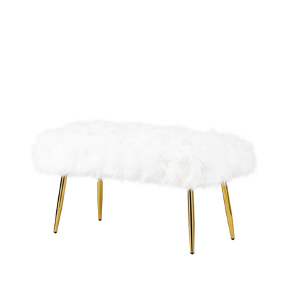 White Faux Fur Bench with Gold Legs