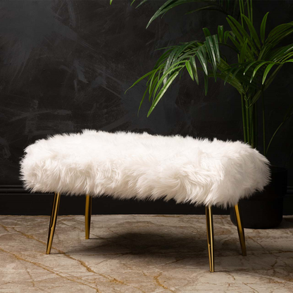 White Faux Fur Bench with Gold Legs