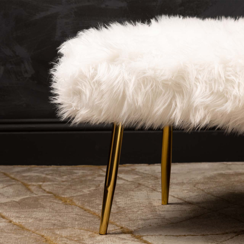 White Faux Fur Bench with Gold Legs