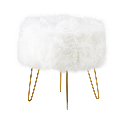 White Faux Fur Stool Ottoman with Gold Legs