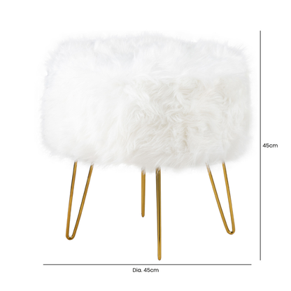 White Faux Fur Stool Ottoman with Gold Legs