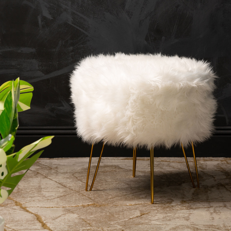 White Faux Fur Stool Ottoman with Gold Legs