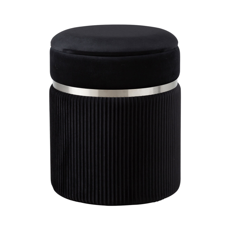 Black Patterned Velvet and Chrome Round Storage Stool