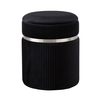 Black Patterned Velvet and Chrome Round Storage Stool