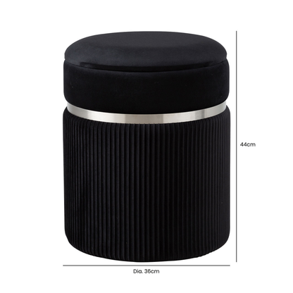 Black Patterned Velvet and Chrome Round Storage Stool