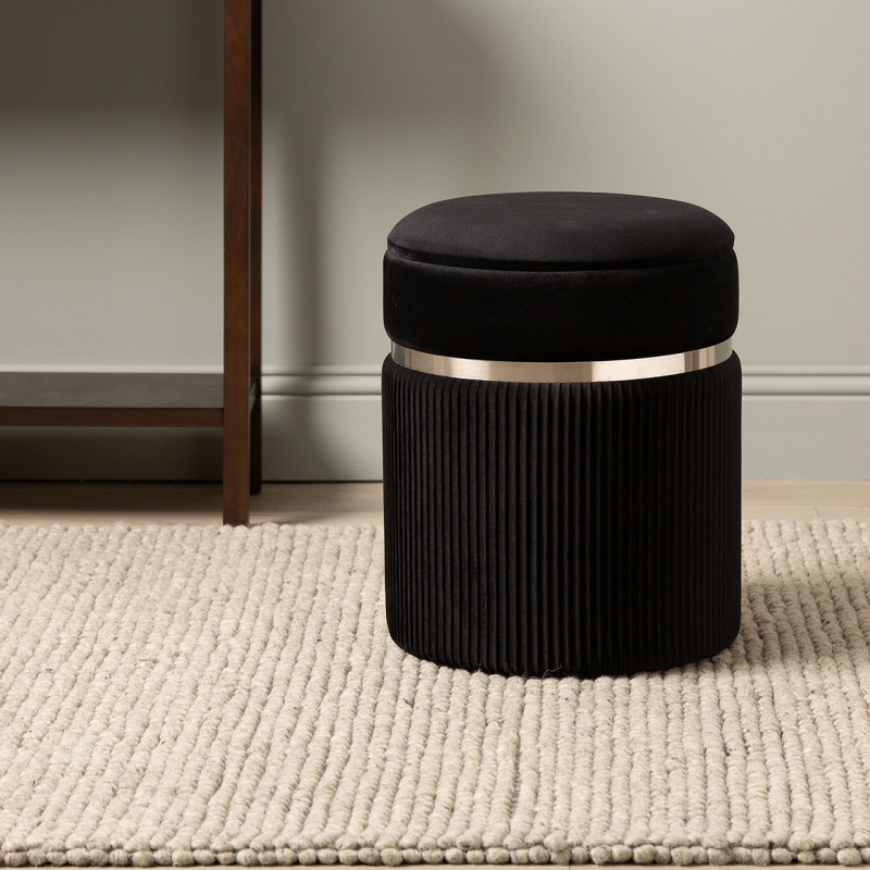 Black Patterned Velvet and Chrome Round Storage Stool