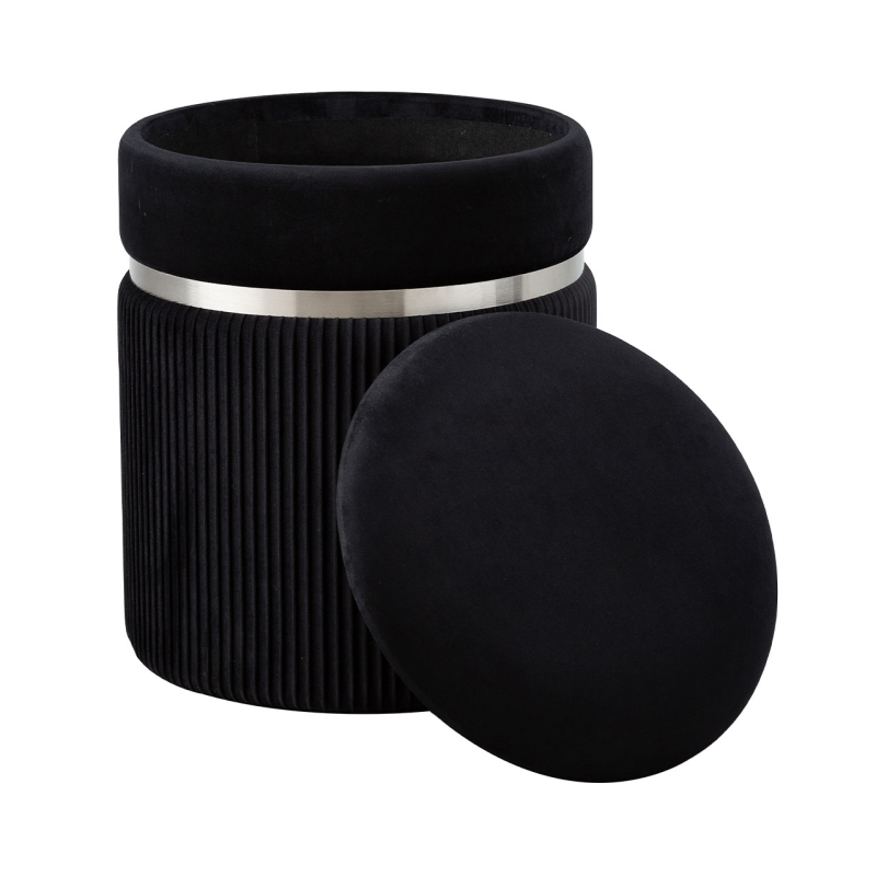 Black Patterned Velvet and Chrome Round Storage Stool