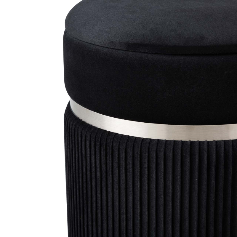 Black Patterned Velvet and Chrome Round Storage Stool