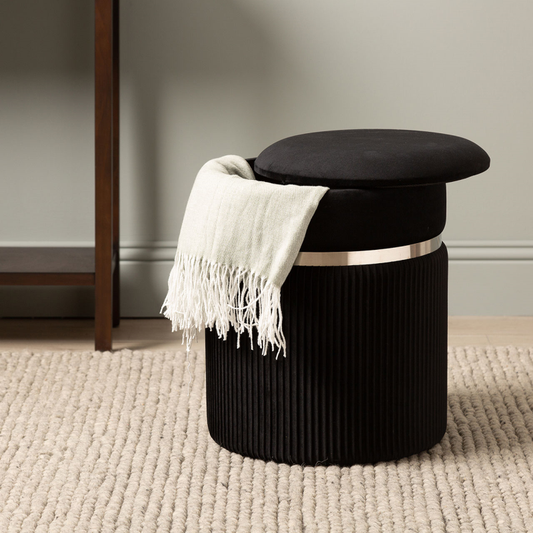 Black Patterned Velvet and Chrome Round Storage Stool