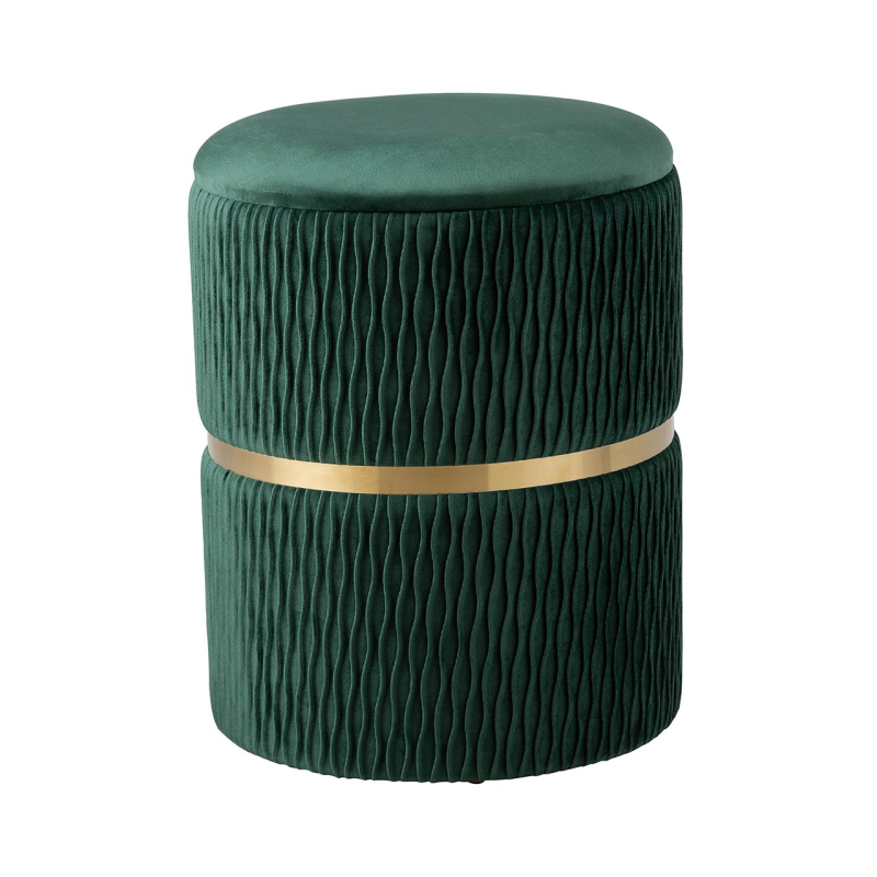 Green Patterned Velvet and Gold Round Storage Stool