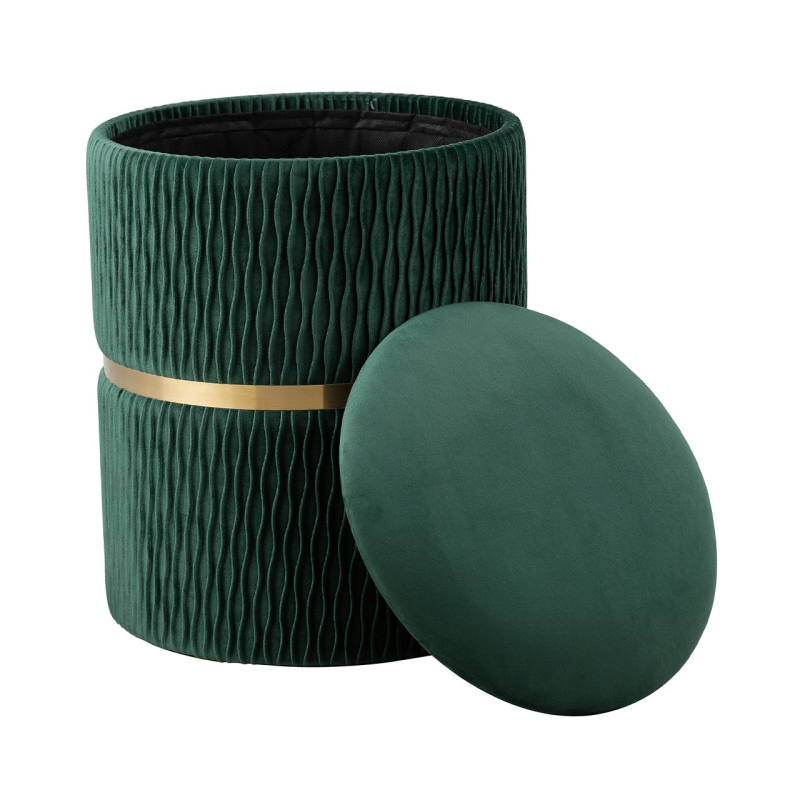 Green Patterned Velvet and Gold Round Storage Stool