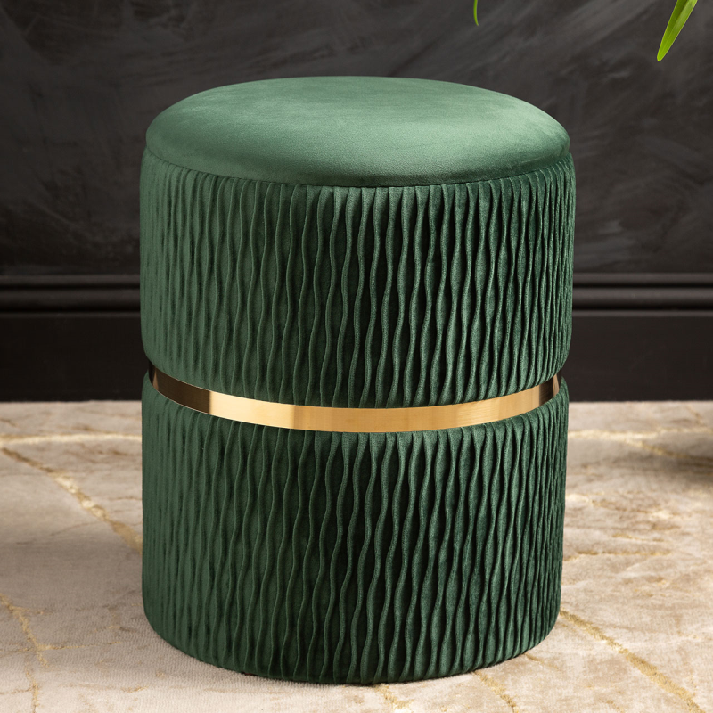 Green Patterned Velvet and Gold Round Storage Stool