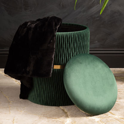 Green Patterned Velvet and Gold Round Storage Stool