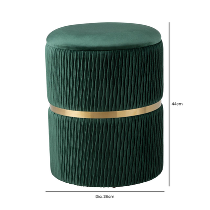 Green Patterned Velvet and Gold Round Storage Stool