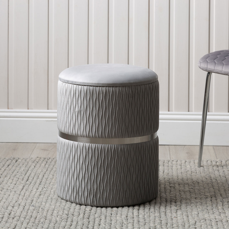 Grey Patterned Velvet and Chrome Round Storage Stool