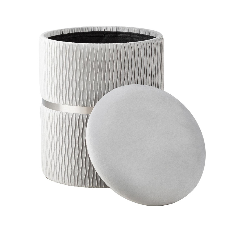 Grey Patterned Velvet and Chrome Round Storage Stool