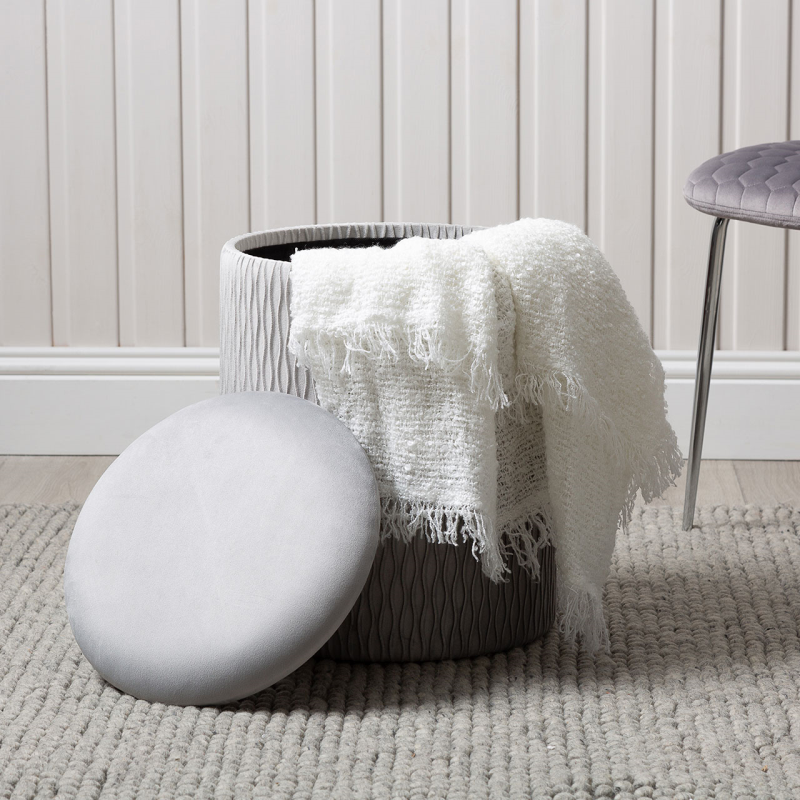 Grey Patterned Velvet and Chrome Round Storage Stool