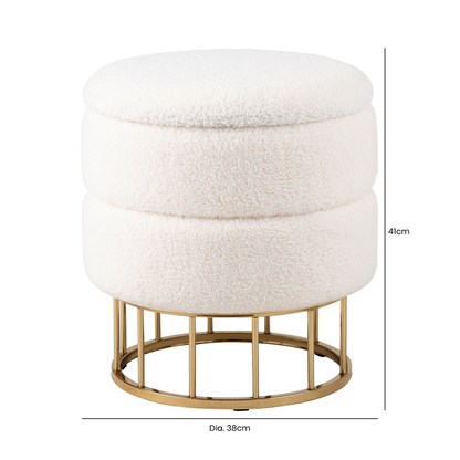 White Boucle Round Storage Stool with Gold Legs