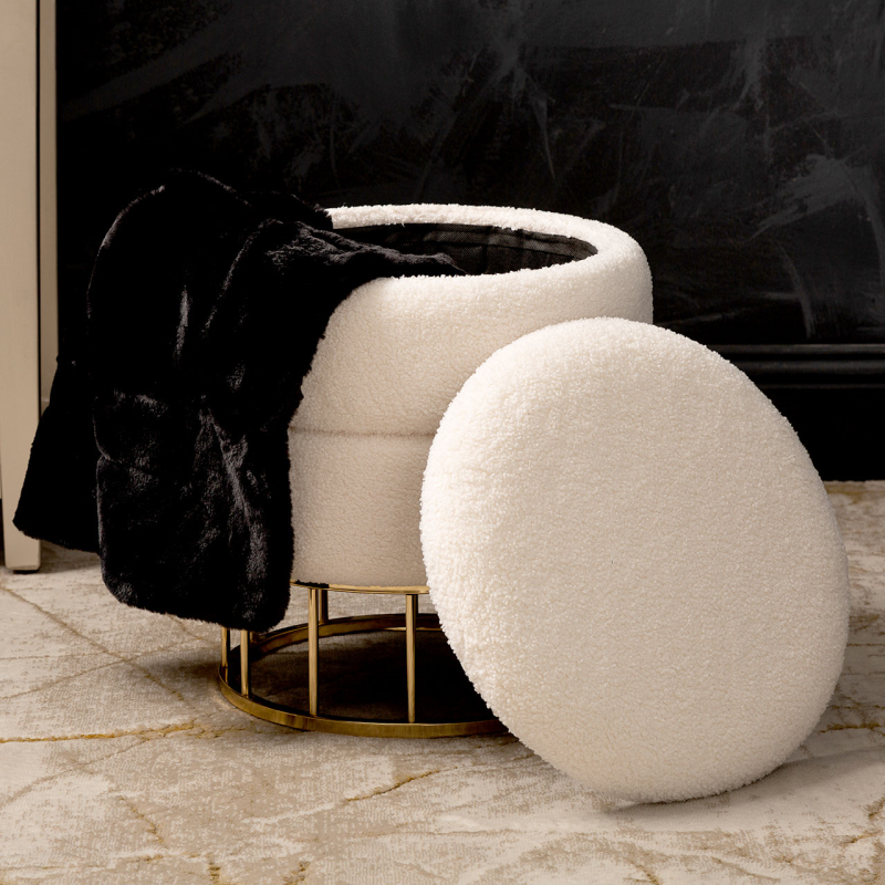 White Boucle Round Storage Stool with Gold Legs