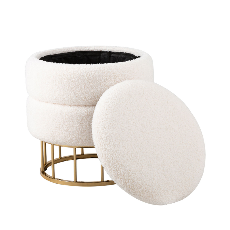 White Boucle Round Storage Stool with Gold Legs