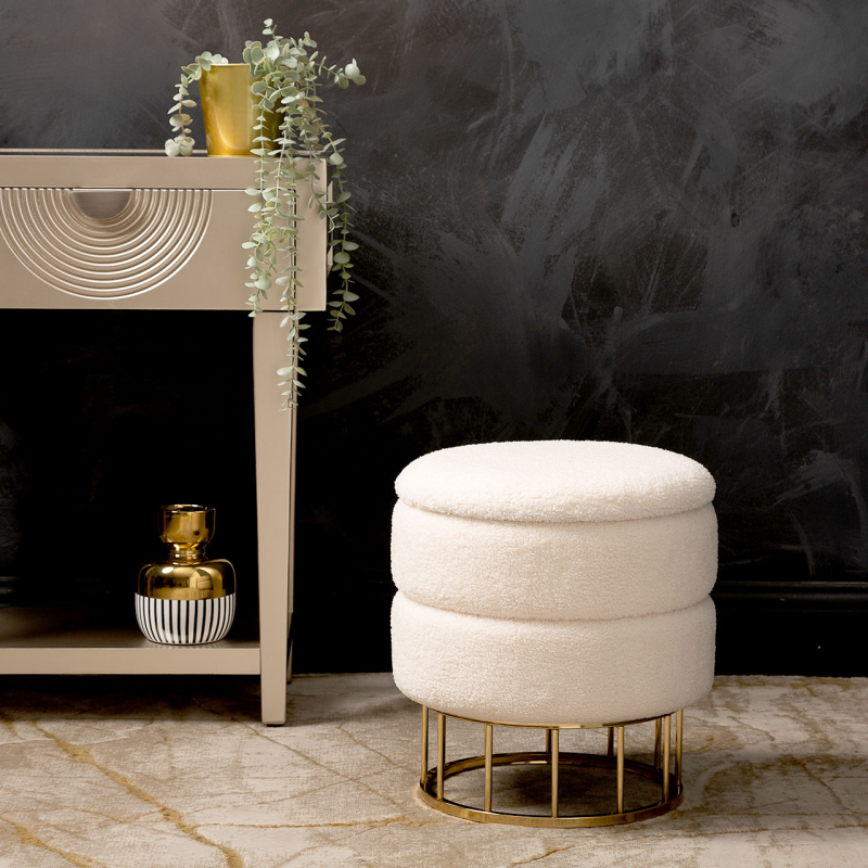 White Boucle Round Storage Stool with Gold Legs