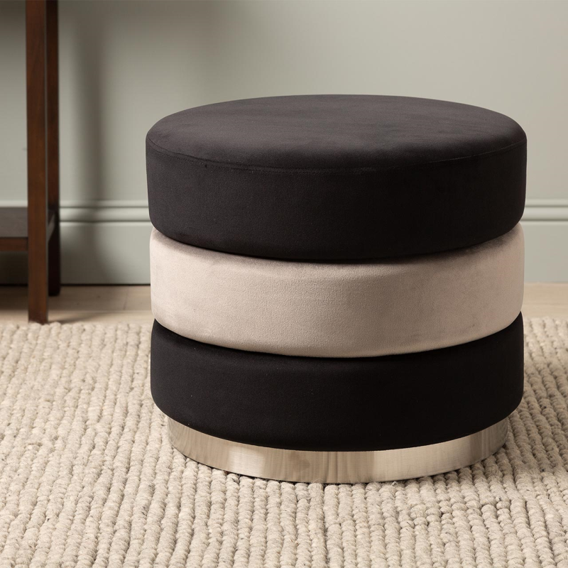 Black and Grey Round Ottoman with Chrome Base