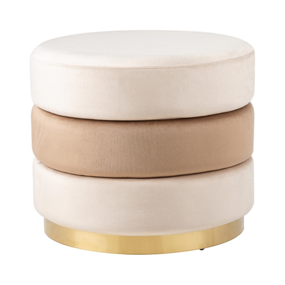 Cream and Dark Cream Round Ottoman with Gold Base