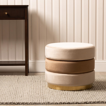 Cream and Dark Cream Round Ottoman with Gold Base