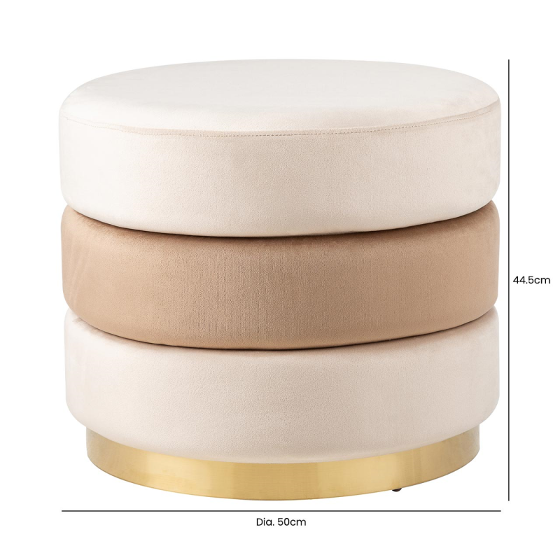 Cream and Dark Cream Round Ottoman with Gold Base