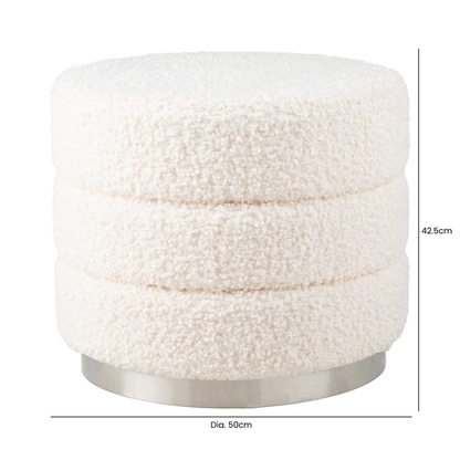 White Boucle Round Ottoman with Chrome Base