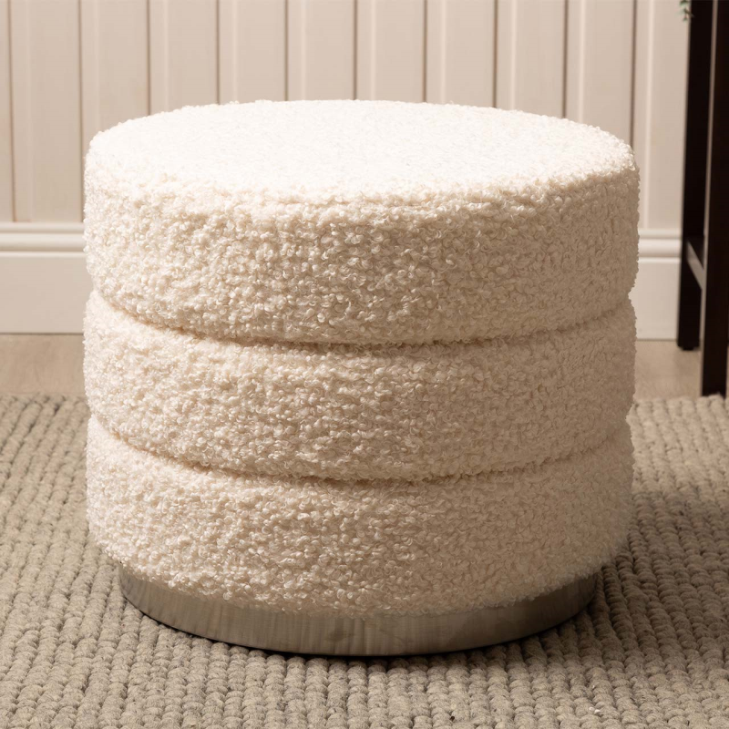 White Boucle Round Ottoman with Chrome Base