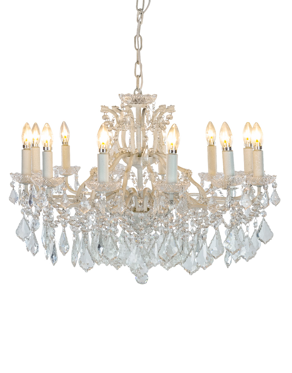 SHALLOW ANTIQUE CRACKLE WHITE 12 BRANCH CHANDELIER