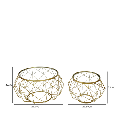 Set of 2 Gold Metal Mesh Coffee Table with Glass Top