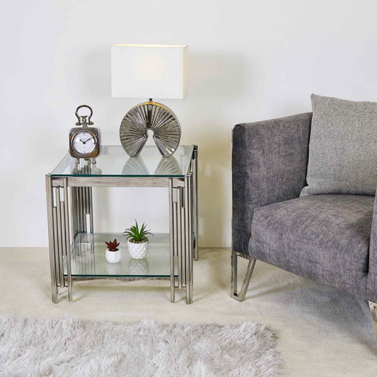 Cohen Steel Tubes and Clear Glass End Table