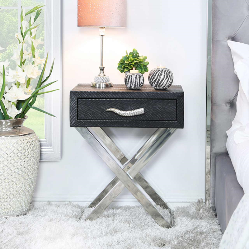 Black and Stainless Steel Faux Snakeskin 1 Drawer End Table