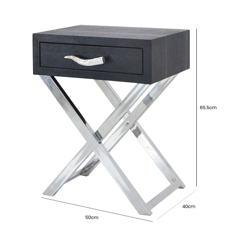 Black and Stainless Steel Faux Snakeskin 1 Drawer End Table