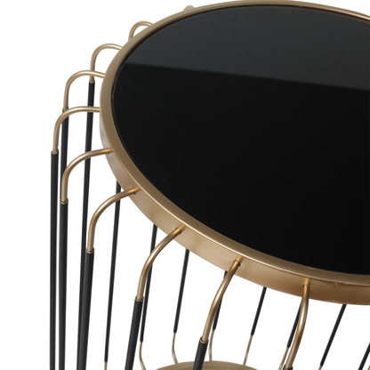 Set of 2 Black and Gold Metal with Black Mirror Top Nesting Tables