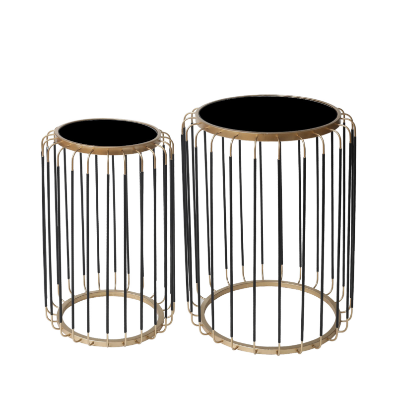 Set of 2 Black and Gold Metal with Black Mirror Top Nesting Tables