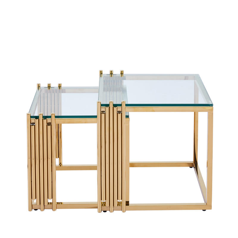 Cohen Set of 2 Gold Steel Tubes and Clear Glass Nesting Table