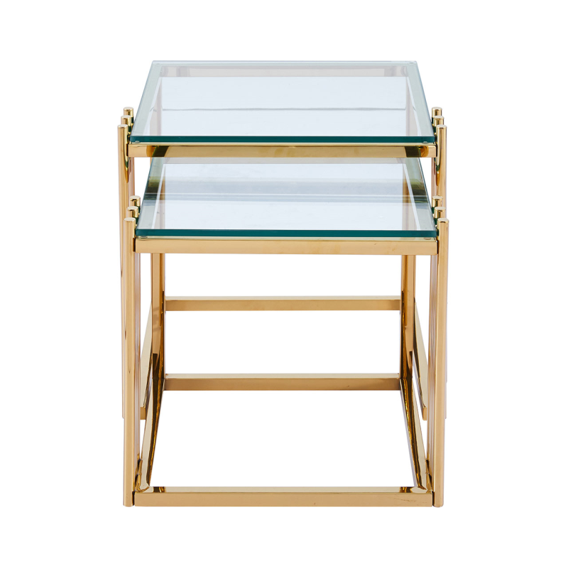 Cohen Set of 2 Gold Steel Tubes and Clear Glass Nesting Table